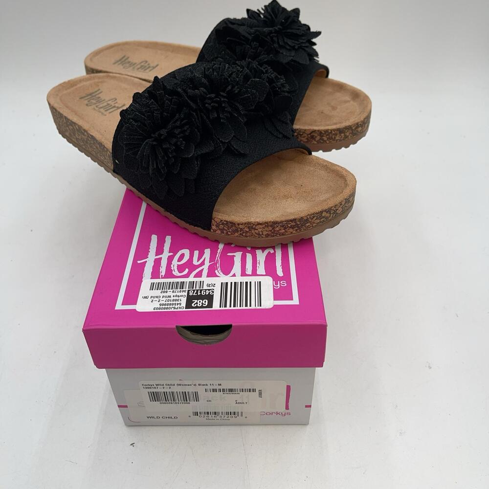 Corkys Wild Child Shoes Womens Size 11 Black Slide Wedge Sandals Floral Comfort